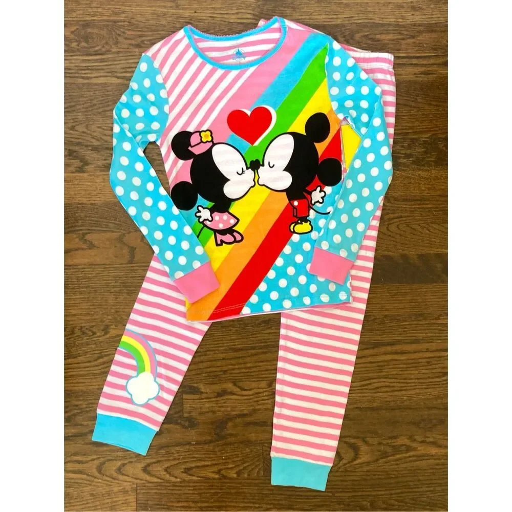 NEW Disney Store Girls Kids 8 Minnie & Mickey Mouse Kiss 2 piece Pajamas